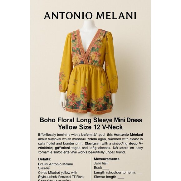 Antonio Melani Emma Boho Floral Long Sleeve Mini Dress Yellow Size 12 V-Neck - Picture 7 of 8